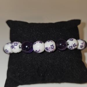 Amethyst Stone and Ceramic Purple Flower Beaded Stretch Bracelet Handmade New